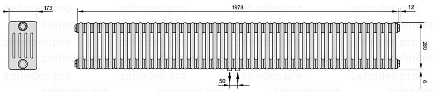 Схема (чертеж) Радиатор Zehnder Charleston 5026/43 №5410 Белый глянцевый RAL 9016